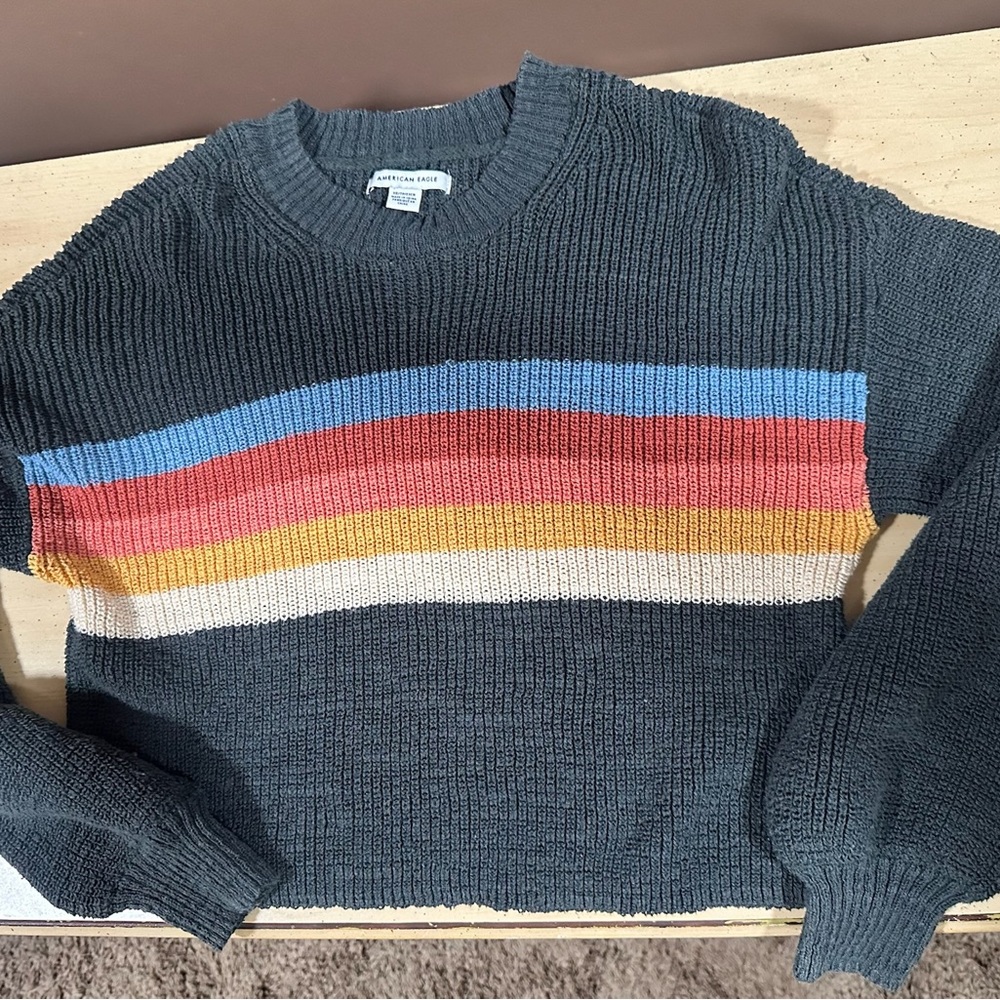 American Eagle Teen Girl Crewneck Sweater with Multicolor Stripe